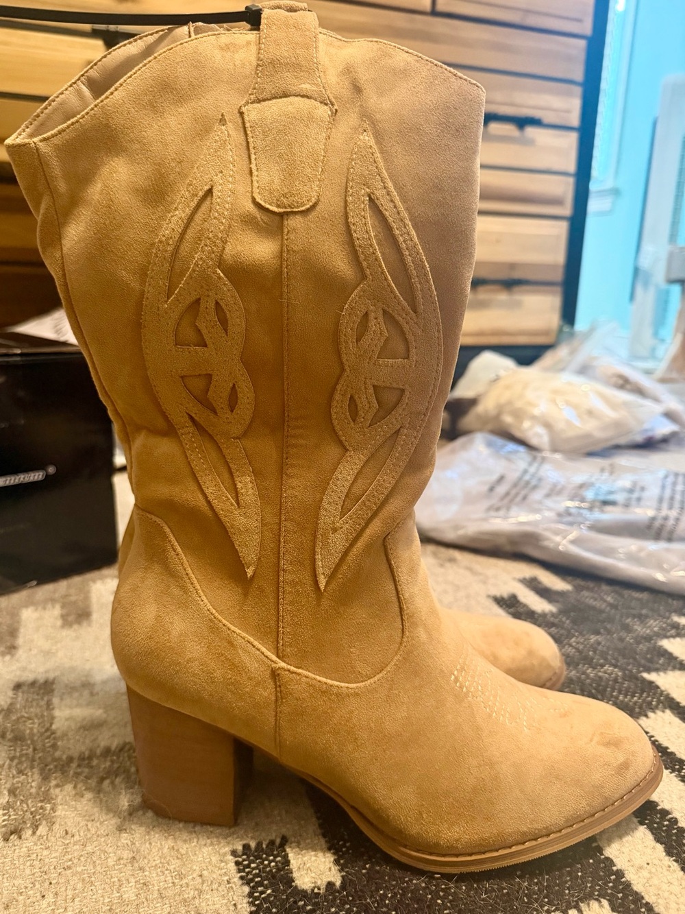 Women’s Tan Suede Western Mid-Calf Boot with Block Heel